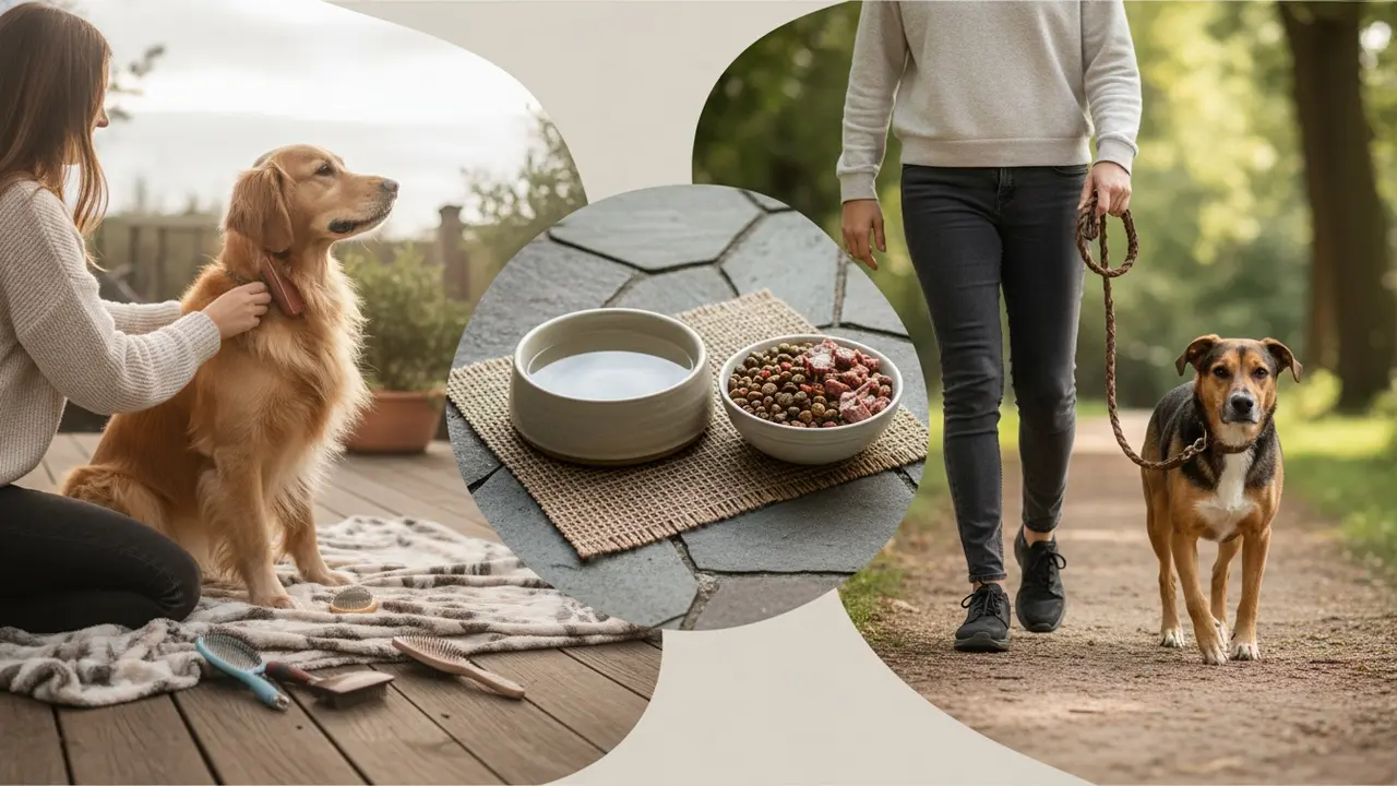 Daglig pleje: børstning, frisk vand og gåtur for hund