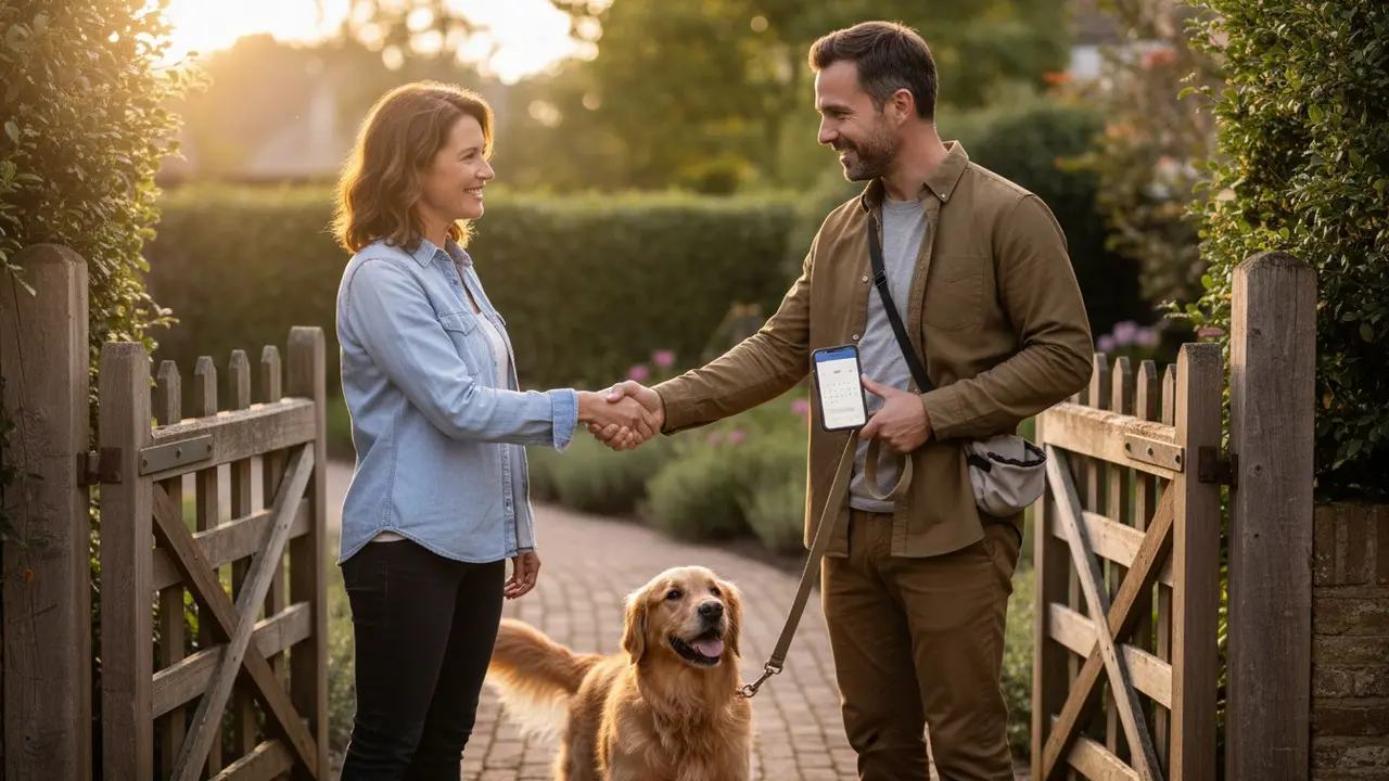 Ejer møder hundepasser ved hjemmet, viser booking på telefon