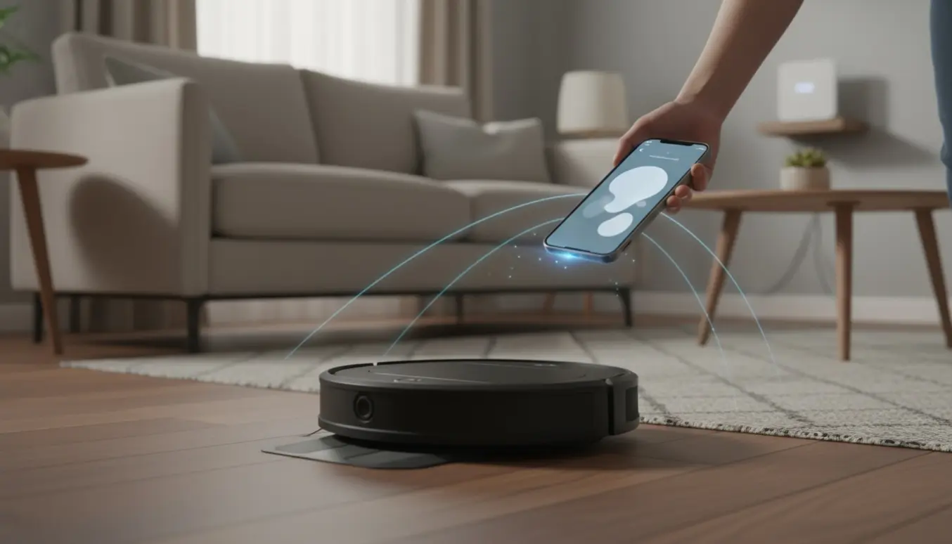 En hånd holder en smartphone over en robotstøvsuger i en stue, med bløde lysglimt der viser parring.