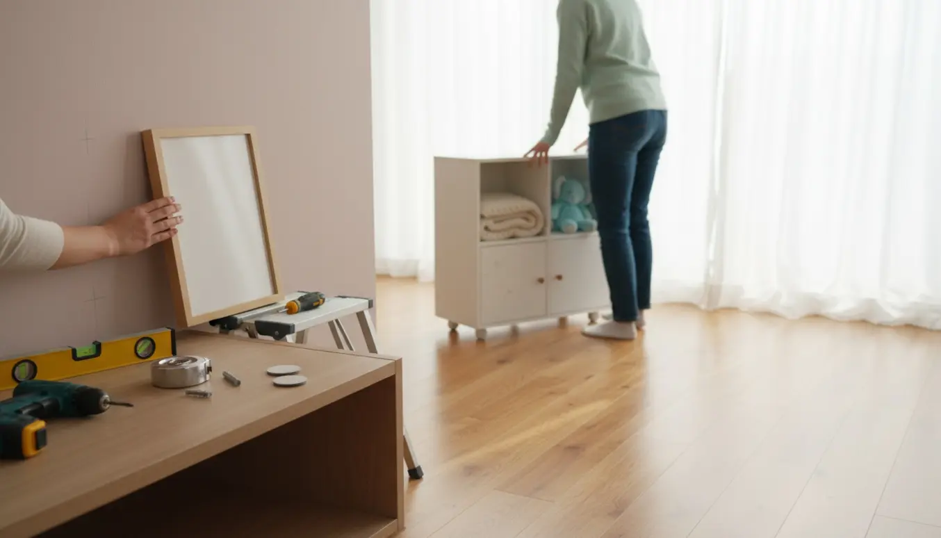 Hænder hænger billedrammer, mens et lille hvidt skab flyttes i et solrigt hjem.