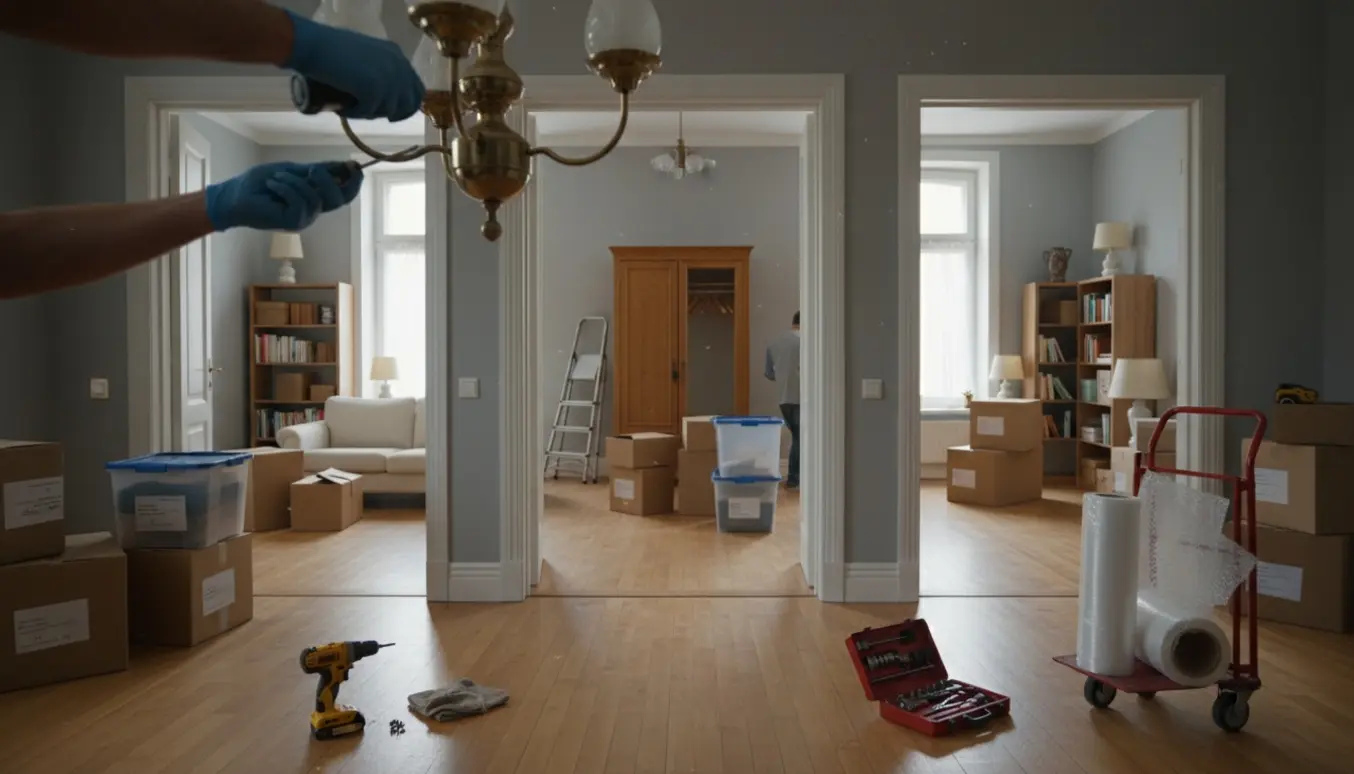 Hænder med skruetrækker fjerner en lampe, mens ryddede rum med møbler og pakkede kasser ses i baggrunden.