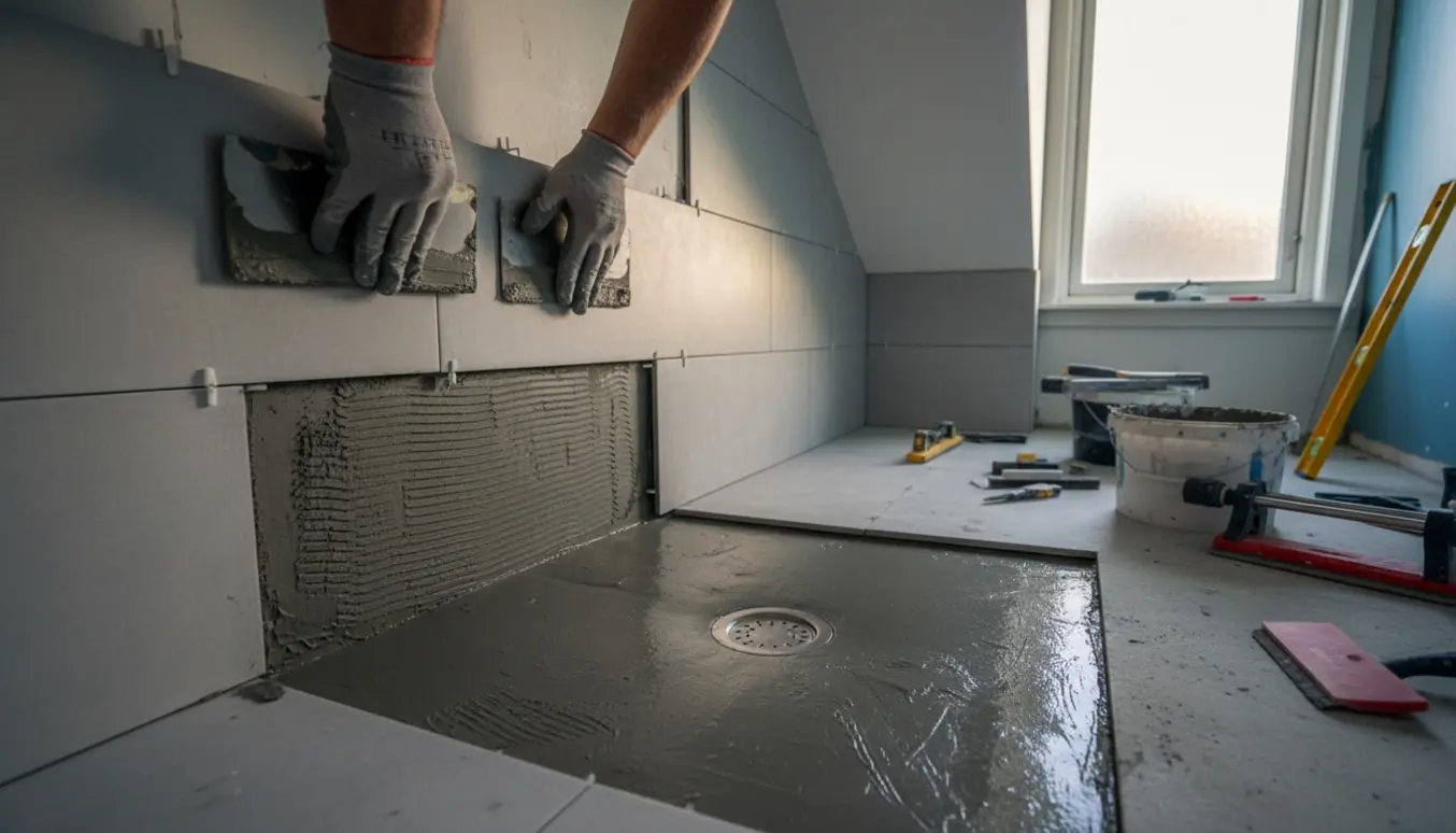 Delvist flisebelagt lille badeværelse med håndværkerhænder, Fermacell-paneler, fliseklæber og synlig fald mod bruseafløb.