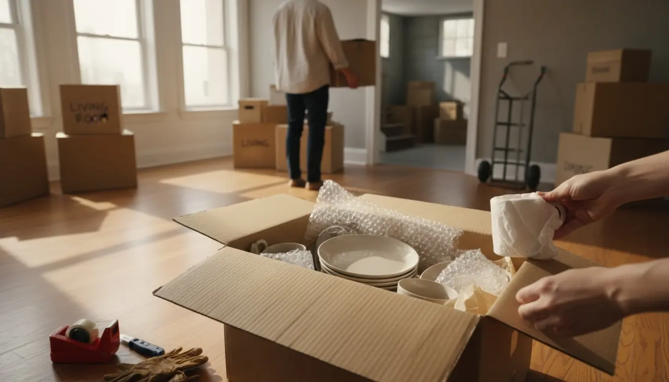 Soloplyst lejlighed med åbne flyttekasser, hænder pakker ud og en person bærer en kasse mod kældertrappen.