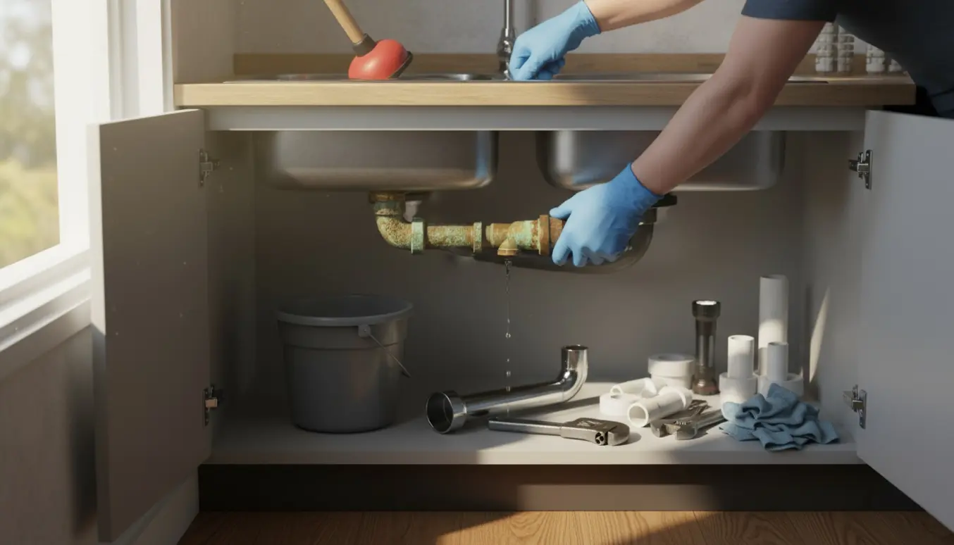 Åben underskab under køkkenvask med en lækkende, korroderet P‑trap over en spand og nye rør og værktøj klar til udskiftning.