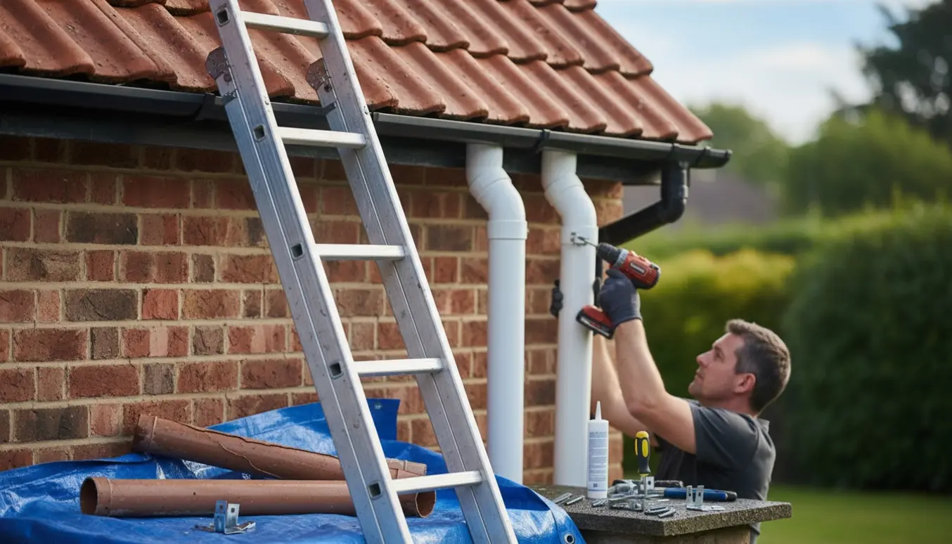 Hænder på en stige udskifter to ødelagte nedløbsrør på husets facade.