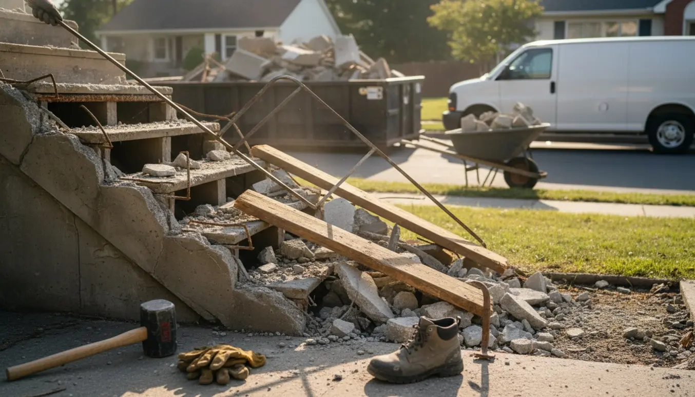 Delvist nedrevet udendørs trappe under nedrivning med værktøj og affaldscontainer i baggrunden.