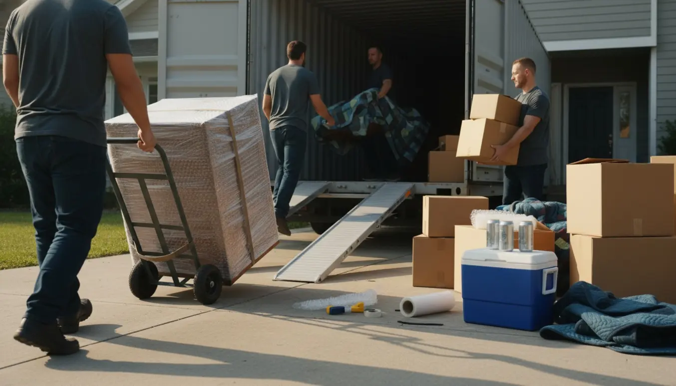 Flyttefolk bærer møbler og lukkede kasser fra en 40 fods container ved indkørslen til et hus.