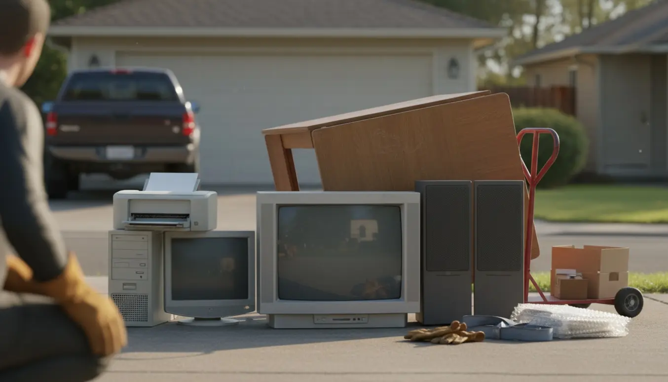 Gammelt TV, computer, printer, højtalere og et bord samlet på indkørsel klar til bortskaffelse.
