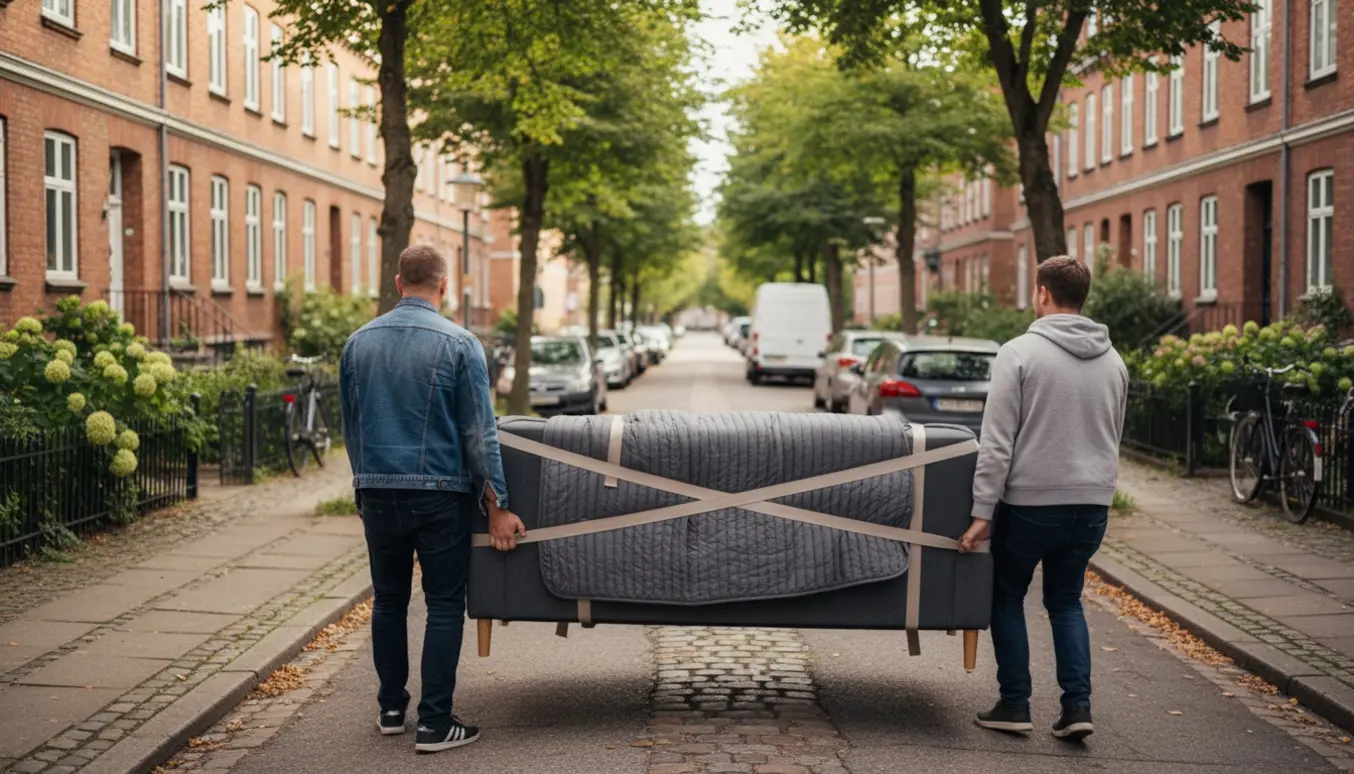 To personer bærer en sofa dækket med flyttetæppe langs en træbevokset villavej i Frederiksberg.