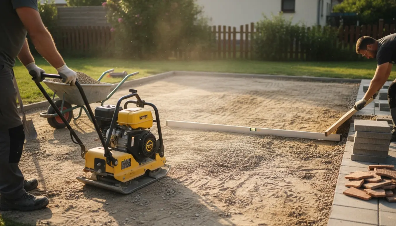 Arbejdsområde med pladevibrator og afretningsbræt, der afretter og stamper underlaget til nye fliser.