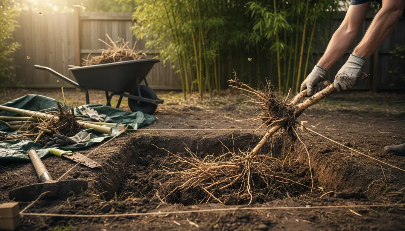 Opgravet bambusrodnet i en baghave med handsker, skovl og trillebør klar til fjernelse.