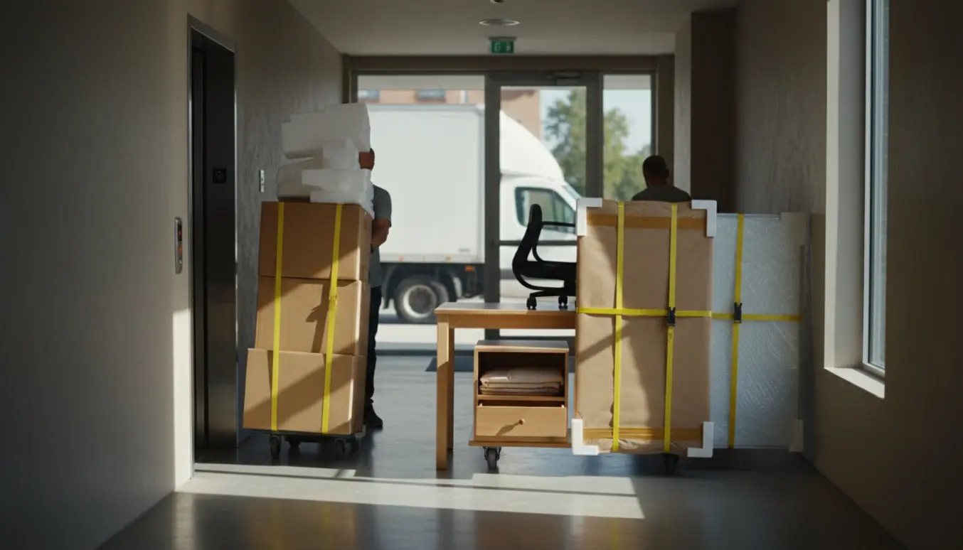 Flyttere læsser pap, flamingo og møbler ind i elevatoren klar til afhentning.