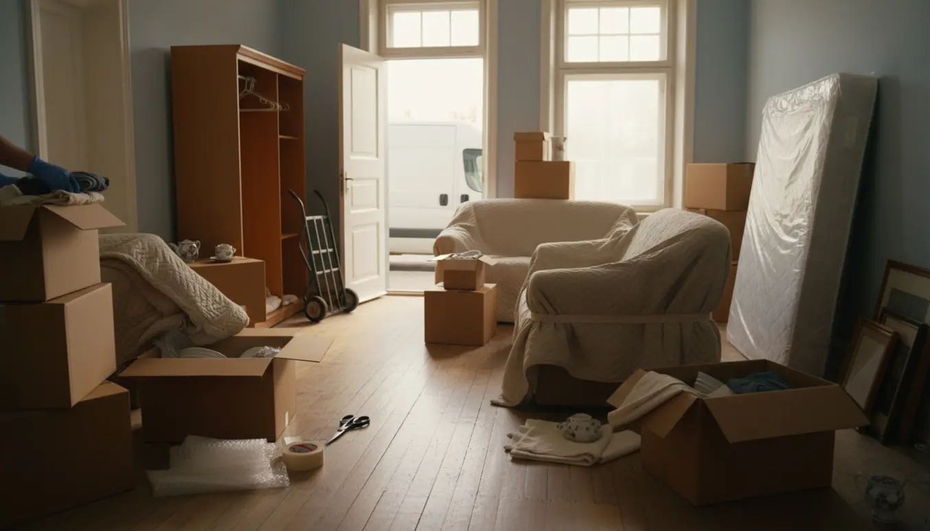 Halvt tømt 2-værelses stuelejlighed med flyttekasser og indpakkede møbler i blødt naturligt lys.