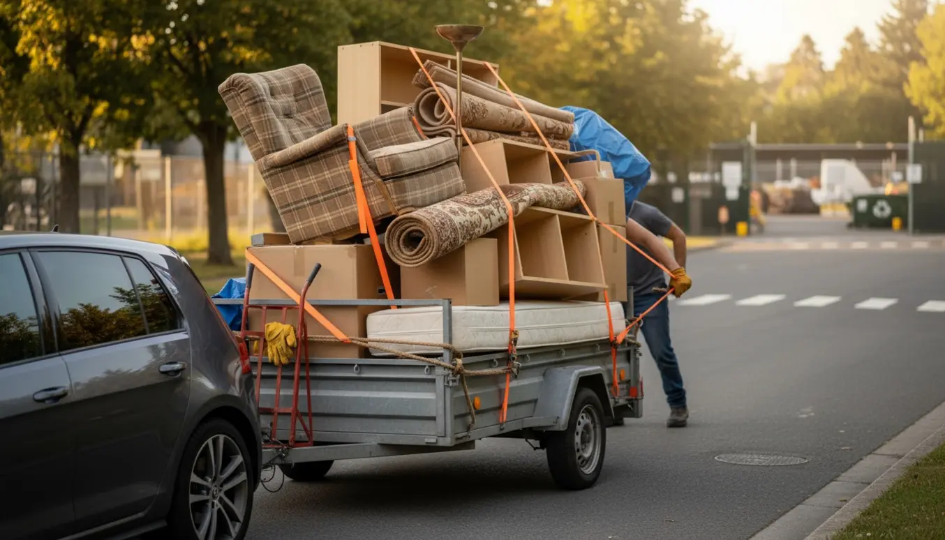 En enkelttrailer læsset med storskrald og fastspændt med stropper ved en villavej klar til genbrugspladsen.
