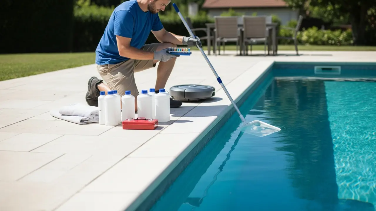 Person tester poolvand ved poolkanten med skimmer, robotstøvsuger og kemikalier
