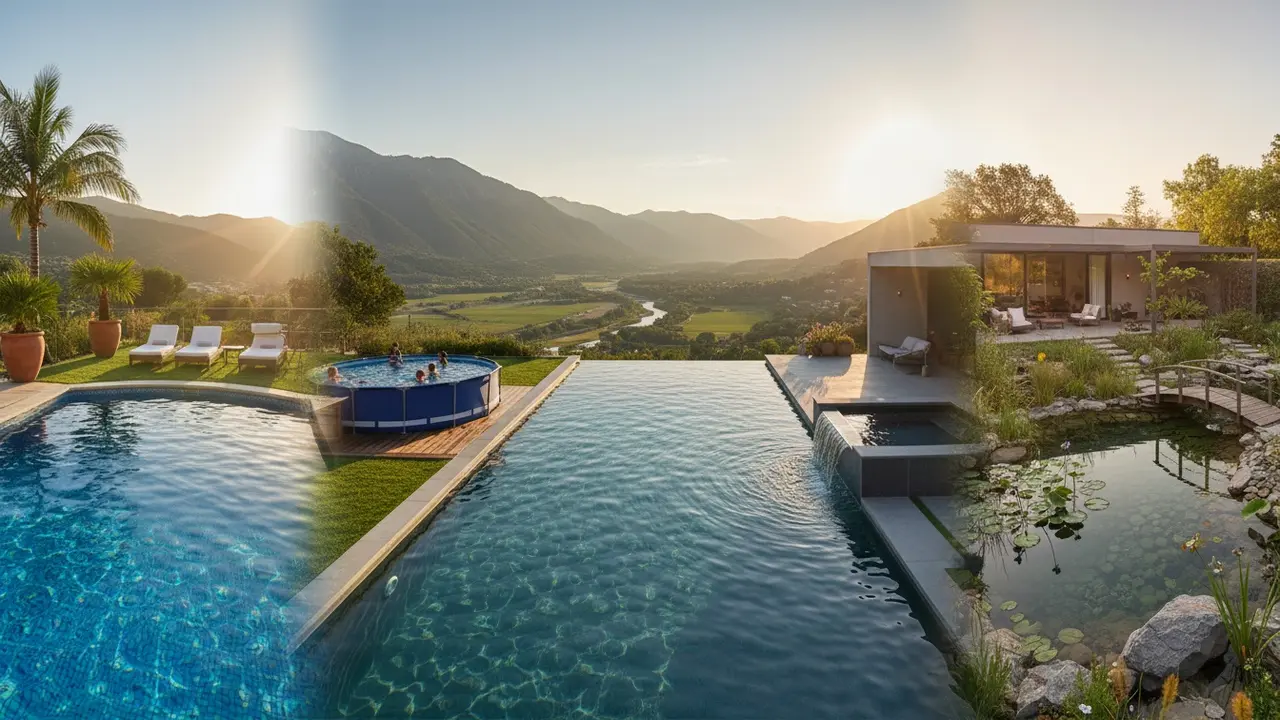 Panorama med flere pooltyper: nedgravet, rammepool, infinity, plunge og naturpool