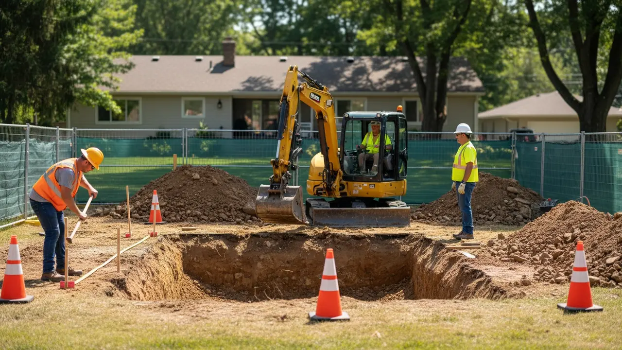 Gravemaskine graver hul til pool i have med målepæle og arbejdere i sikkerhedstøj