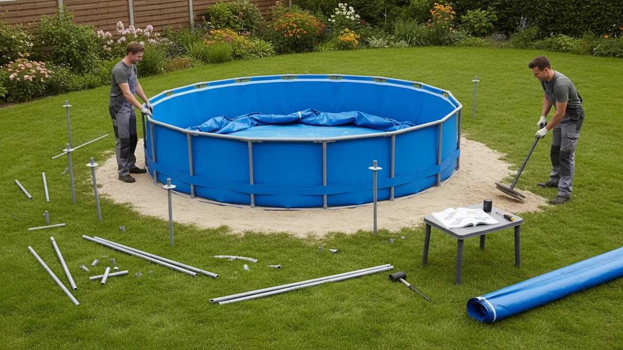 Personer samler ramme-pool på fladt underlag med liner, sandbase og værktøj