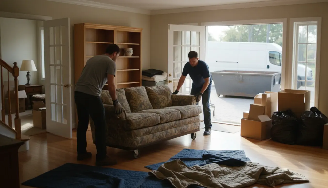 To personer bærer en sofa ud af et solbeskinnet hus, med flyttekasser og affaldssække klar ved døren.