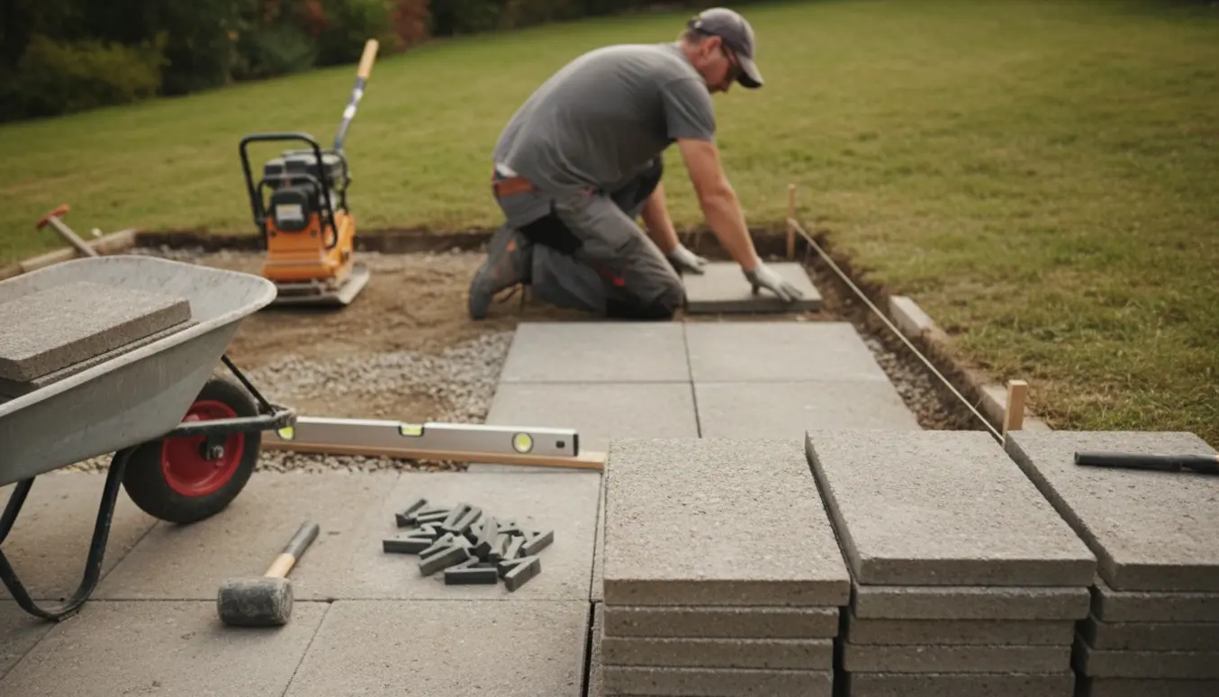 Arbejde med at lægge 40x40 cm fliser på en let skrånende havegrund med værktøj og stak fliser i forgrunden.