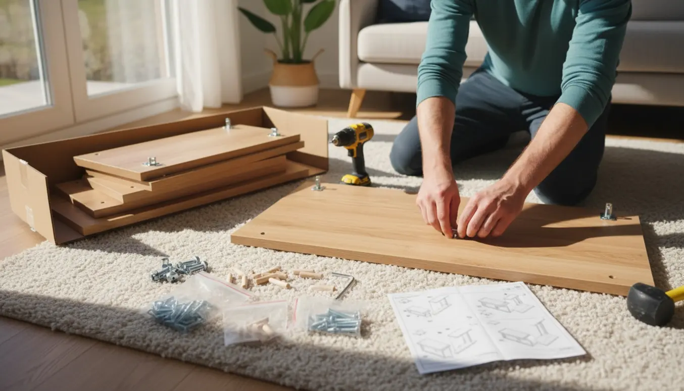 Hænder samler fladpakket reol i en stue med værktøj og brugsanvisning.