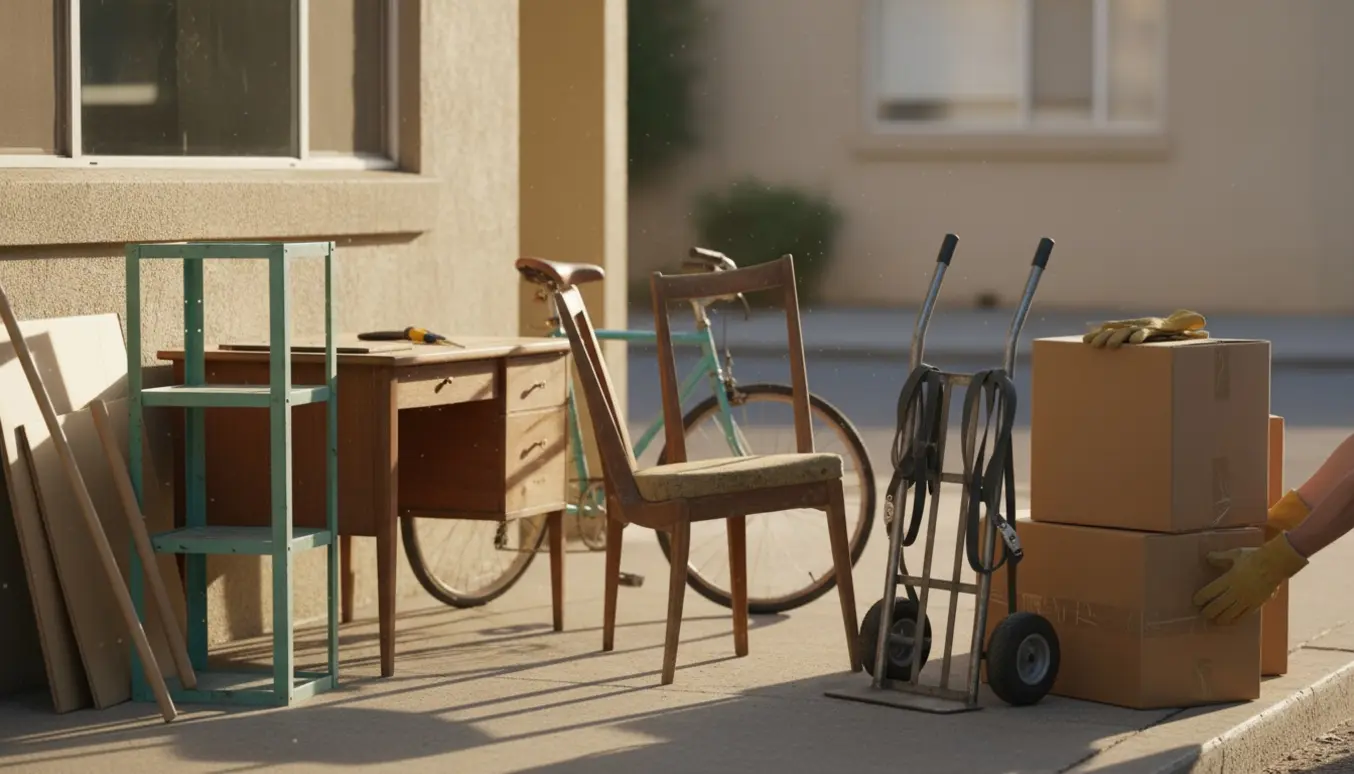 Stak med gamle stole, reoler, skrivebord, to cykler og flyttekasser ved en opgang klar til afhentning.