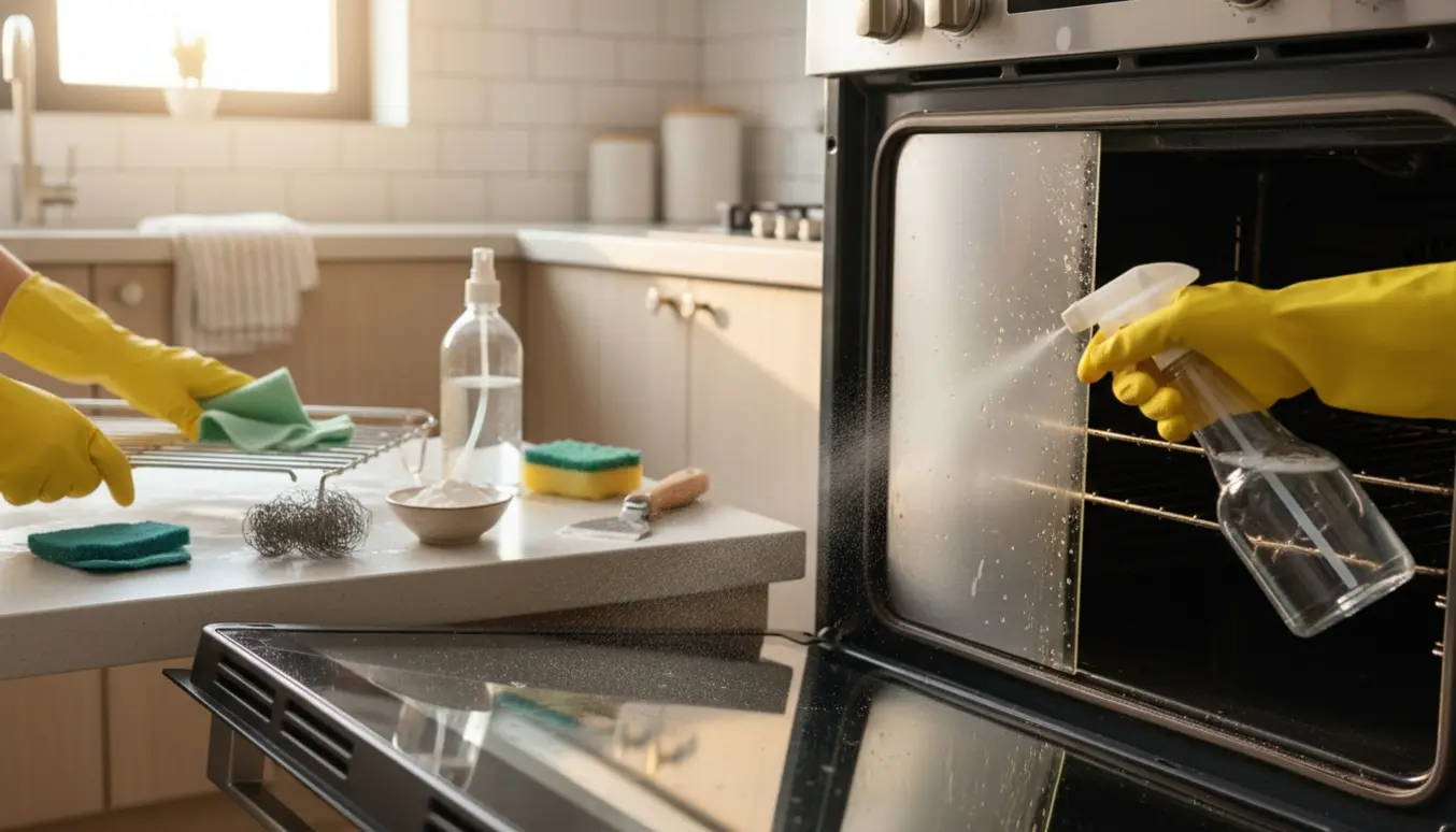 Åben ovn med handsker, rengøringsmidler og ovnriste på køkkenbordet under grundig rengøring.