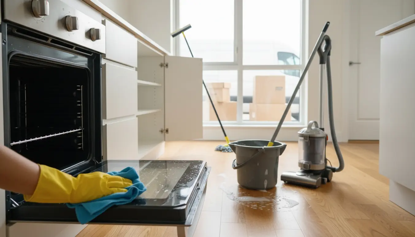 Solbelyst lejlighedskøkken under flytterengøring med hands-on pudsning af ovn, støvsuger, moppe og pakkede flyttekasser.