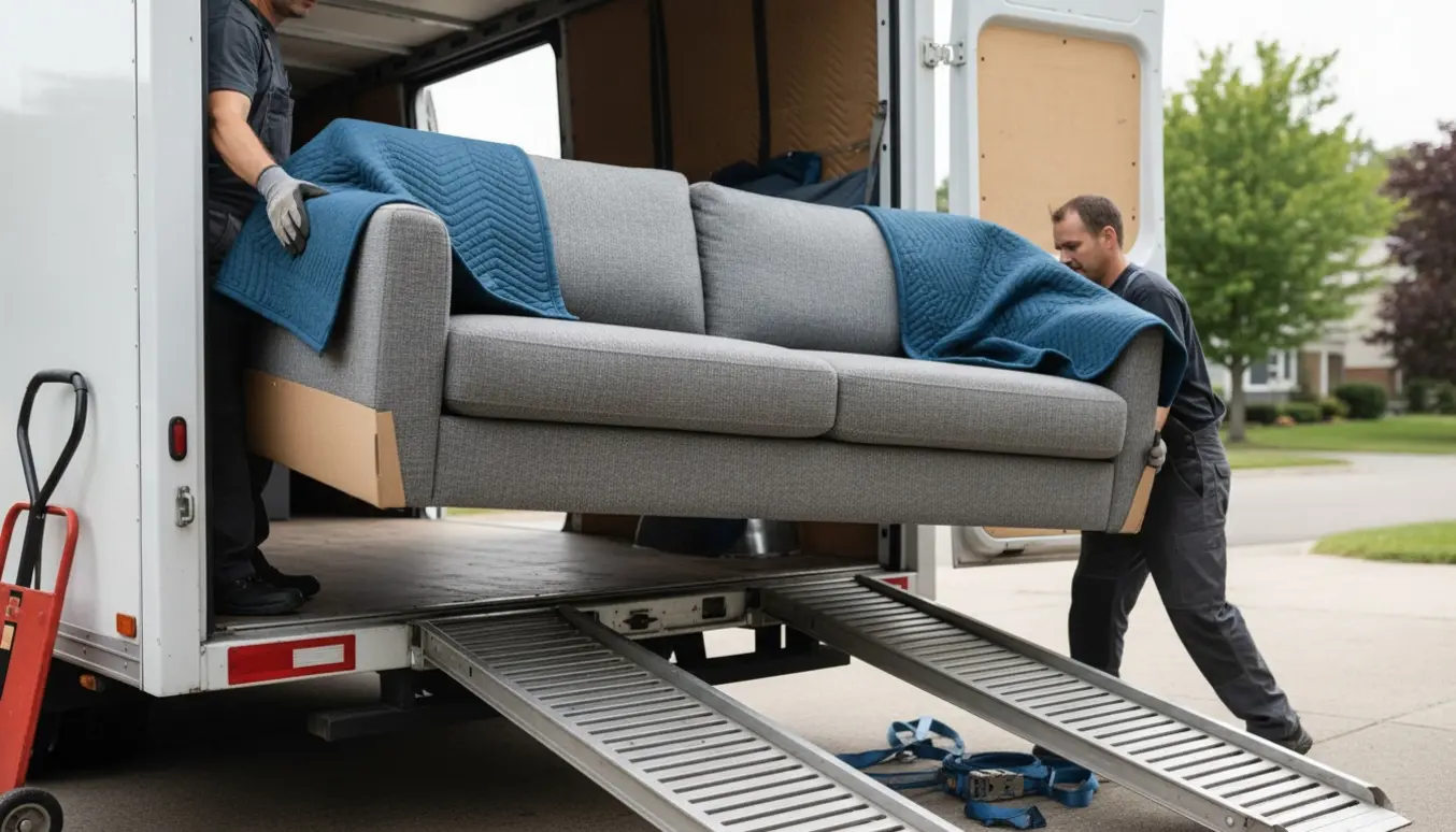 To flyttefolk læsser en 2 meter bred sofa ind i en flyttevogn med tæpper og stropper.