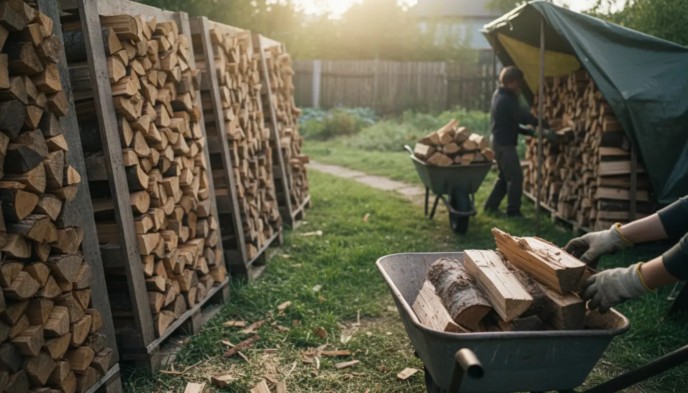 Tømning af tre høje paller med brænde og transport med trillebør for at stable en ny brændestabel.
