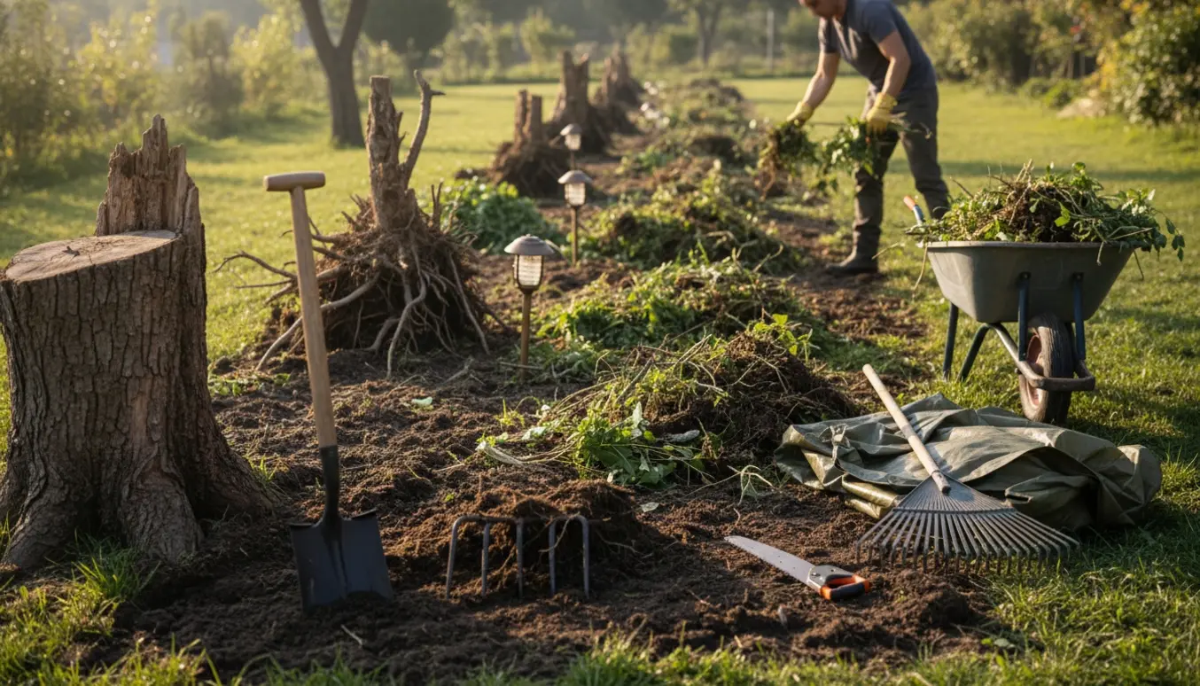 Langt, smalt bed med opgravet ukrudt, synlige rødder, træstub og tre små lamper, haveværktøj klar til rydning.