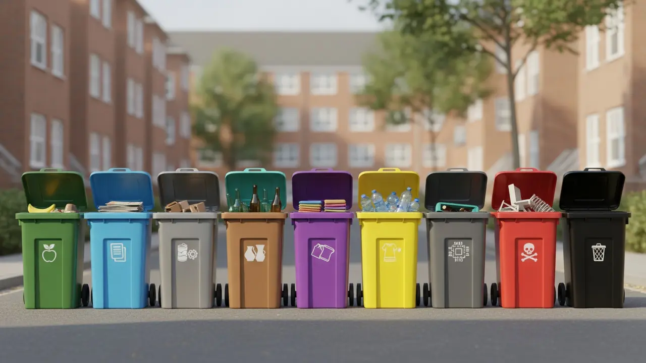 Række farvekodede genanvendelsesbeholdere med ikoner, udstillet i en boligkontekst