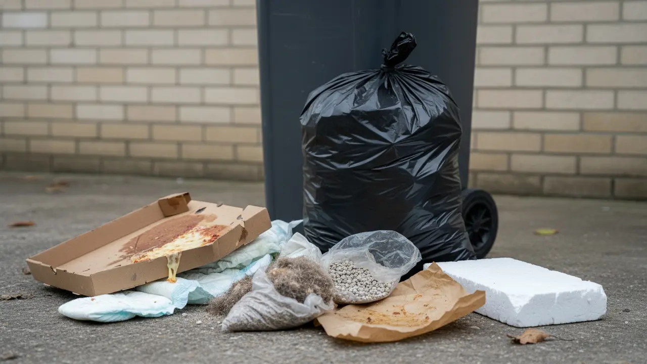 Eksempler på restaffald: snavset pizzabakke, bleer, kattegrus og små stykker emballage i sort sæk