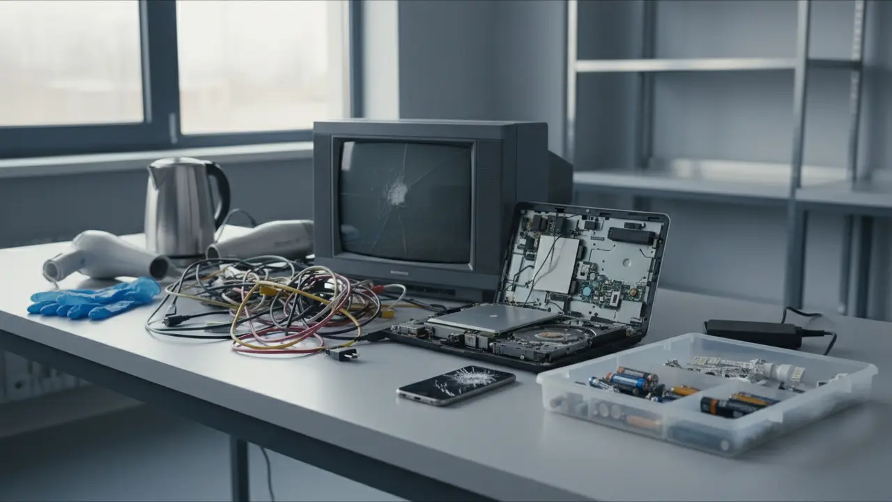 Opsamling af elektronikaffald: tv, computer, telefoner, ledninger og adskilte batterier klar til aflevering