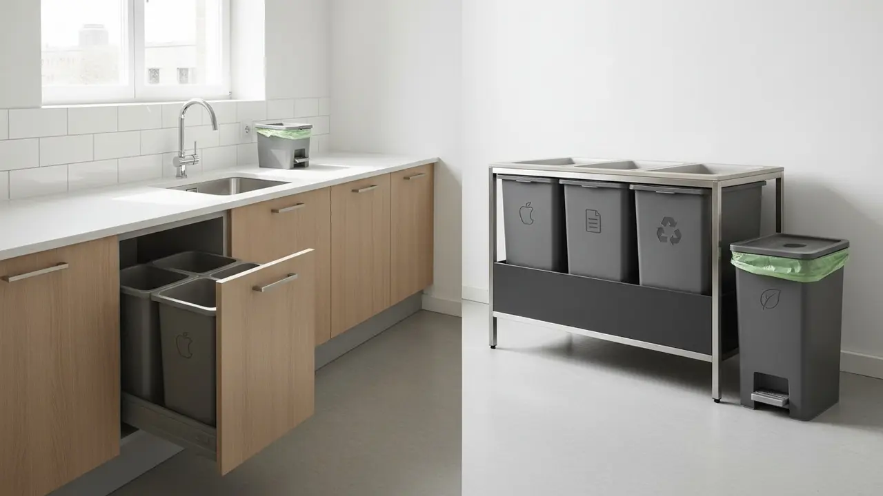 Organiseret køkkenaffaldssystem med flere beholdere og bio-spand med grøn biopose