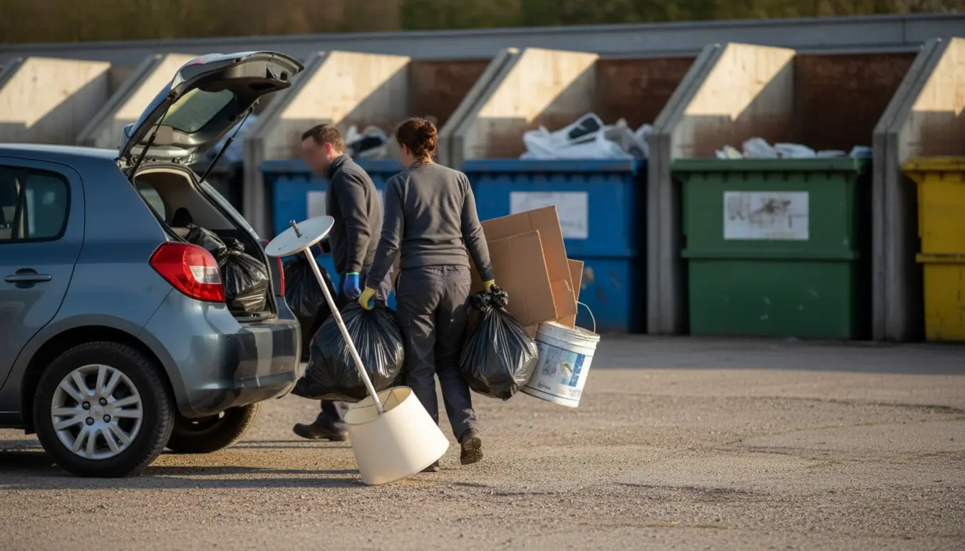 En bil med åben bagklap og to personer med ryggen til bærer blandet affald mod genbrugsstationens containere.