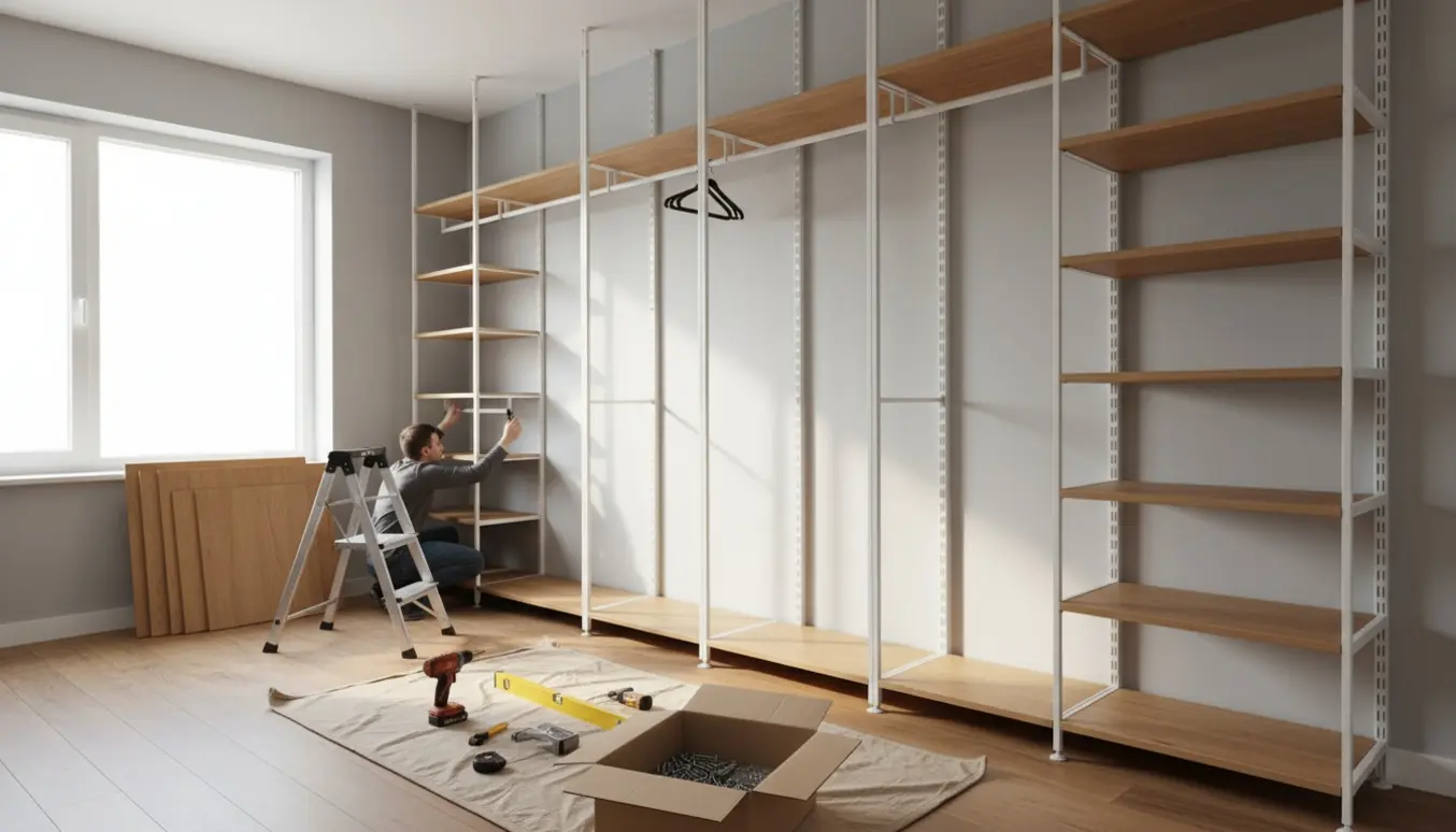 Montering af et gulv-til-loft Elvarli-stil skab på en lang væg med hylder og værktøj i forgrunden.