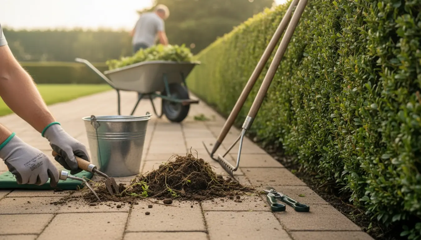 Nærbillede af handskerede hænder, der fjerner ukrudt mellem fliser med en lang hæk strakt i baggrunden.
