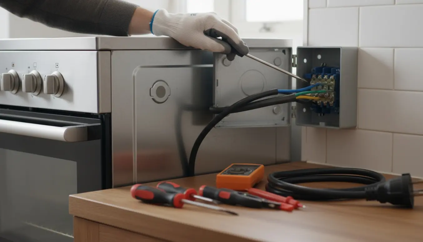 Elektriker monterer en flerpolet komfurstikkontakt bag et fritstående komfur i et lyst, moderne køkken.