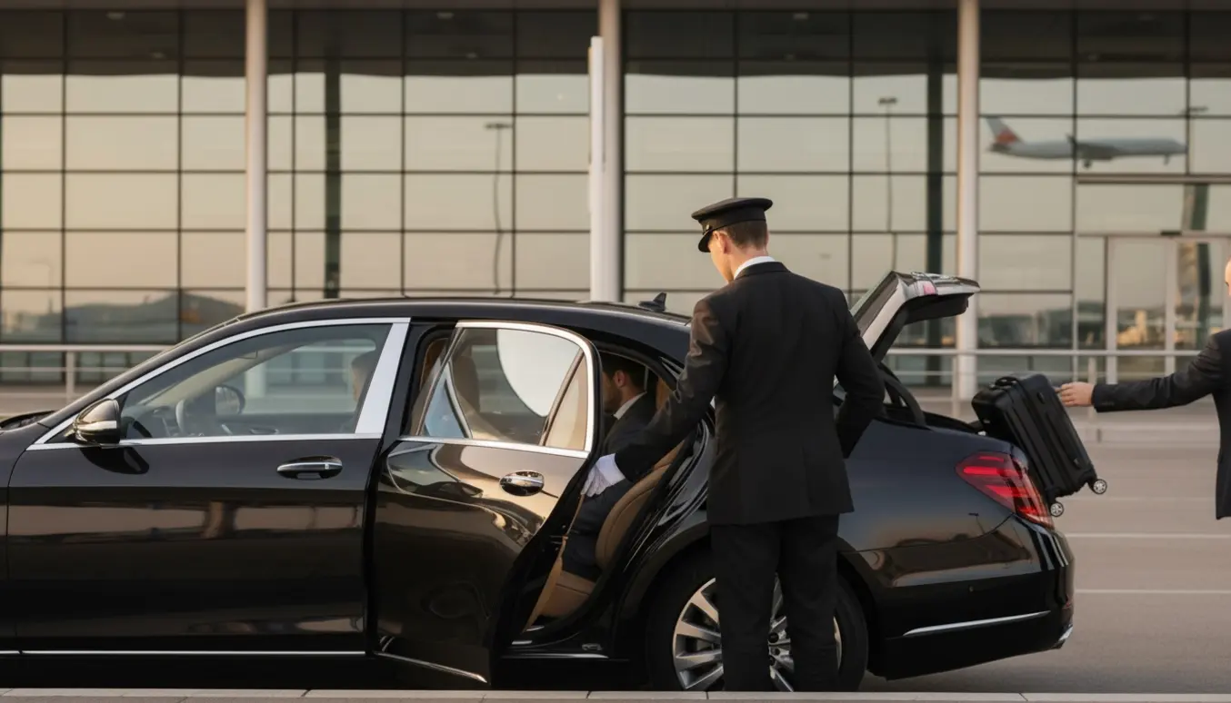 En chauffør i uniform åbner en bil ved en lufthavn, mens kufferter lægges i bagagerummet.