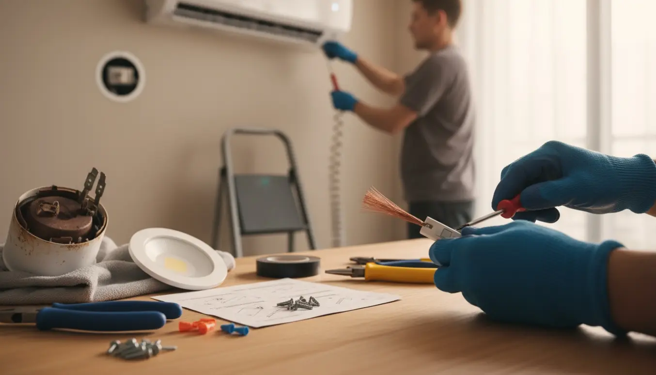 Hænder sætter en ekstra afbryder i en ledning, monterer en aircon-ledning og forbereder udskiftning til LED-indbygningsspots.
