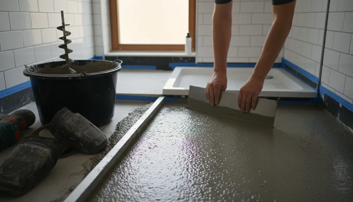 Våd beton glattes ud i et lille badeværelse under renovering med spand og murske.