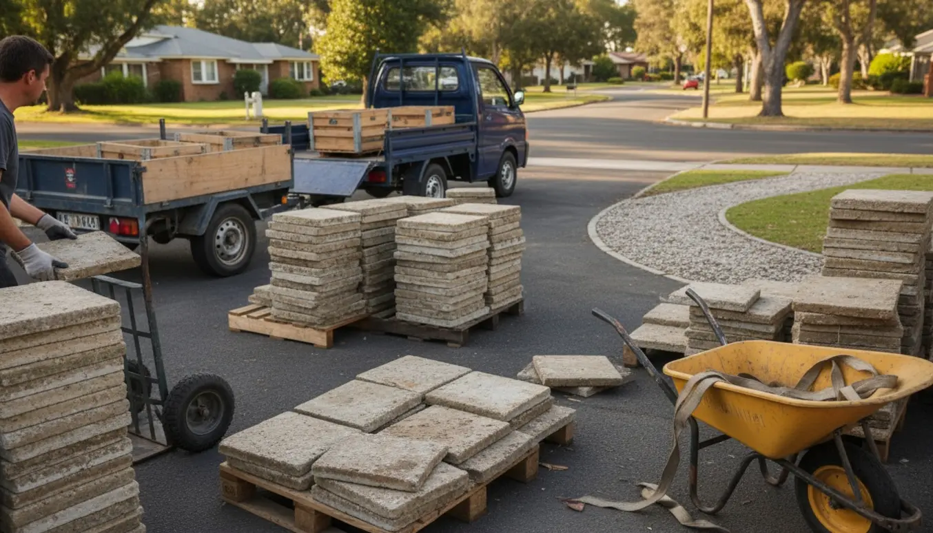 Stablede brugte firkantede fliser på paller og trailer klar til transport i en villadriveway.