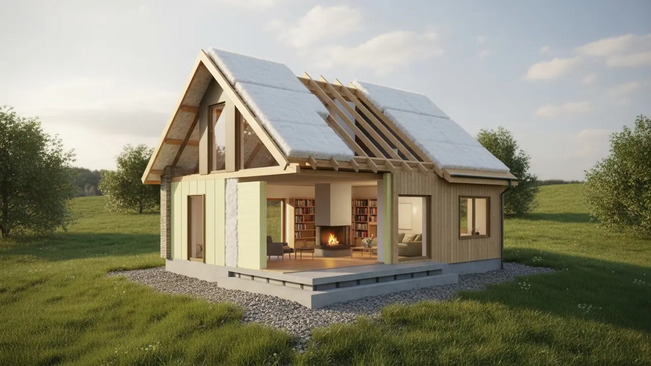 Tværsnit af moderne hus med isoleringslag i vægge, loft og gulv, og et varmt indeklima.