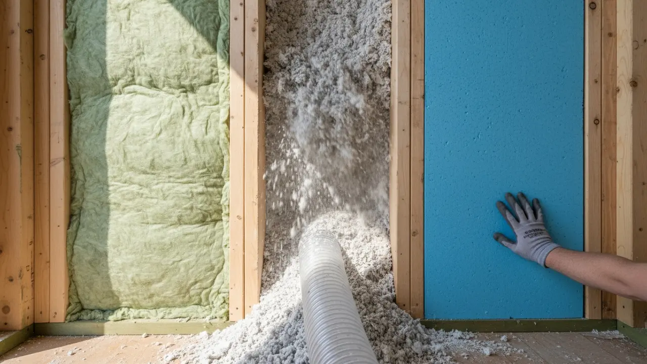 Nærbillede af mineraluld, papiruld og XPS-plader lagt side om side i et loftsrum.