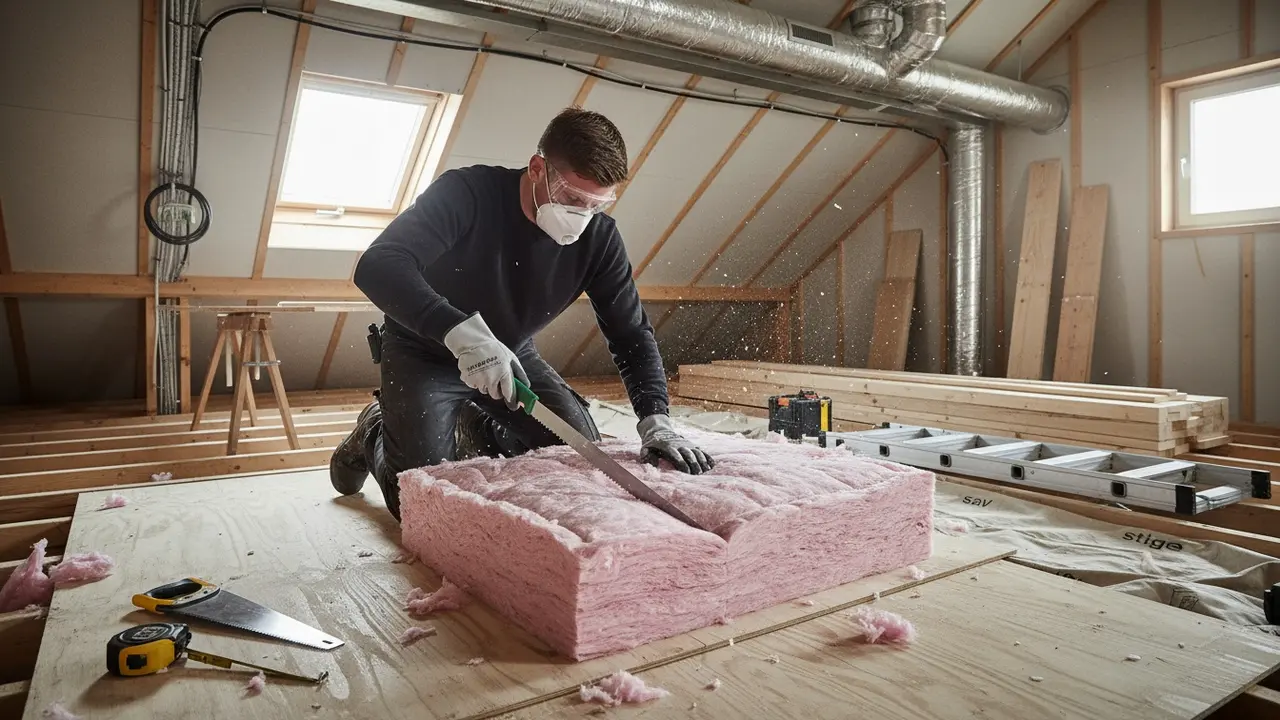 Håndværker med beskyttelsesudstyr skærer isoleringsbatts i et loftsrum med værktøj ved siden af.