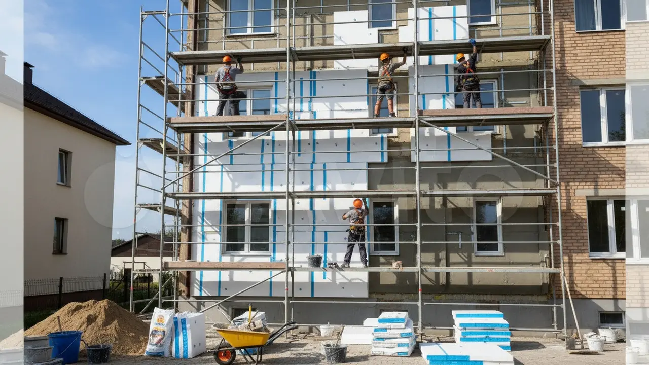 Arbejdere på stillads monterer udvendig facadeisolering med plader og pudsarbejde.