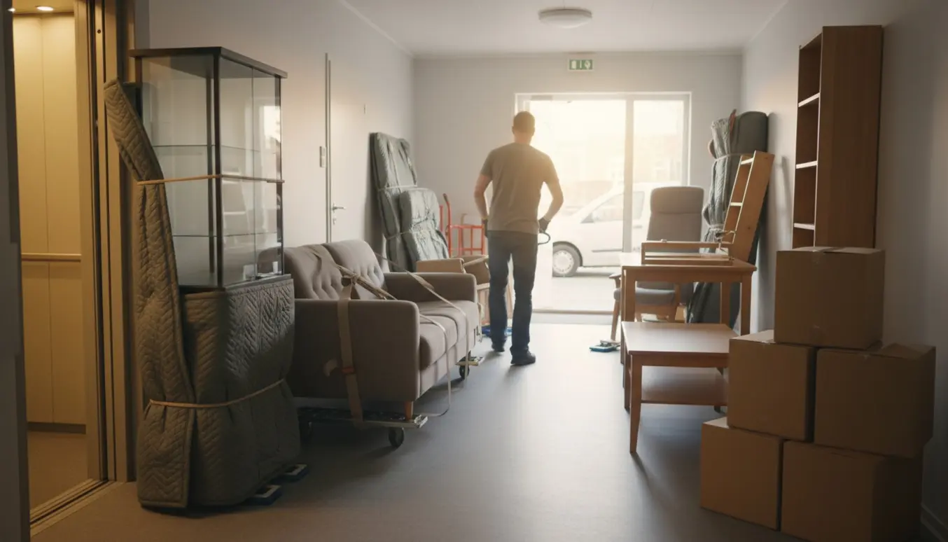 Pakket vitrineskab, sofa, recliner, spisebord og flyttekasser i opgangen klar til elevatoren under flytning.
