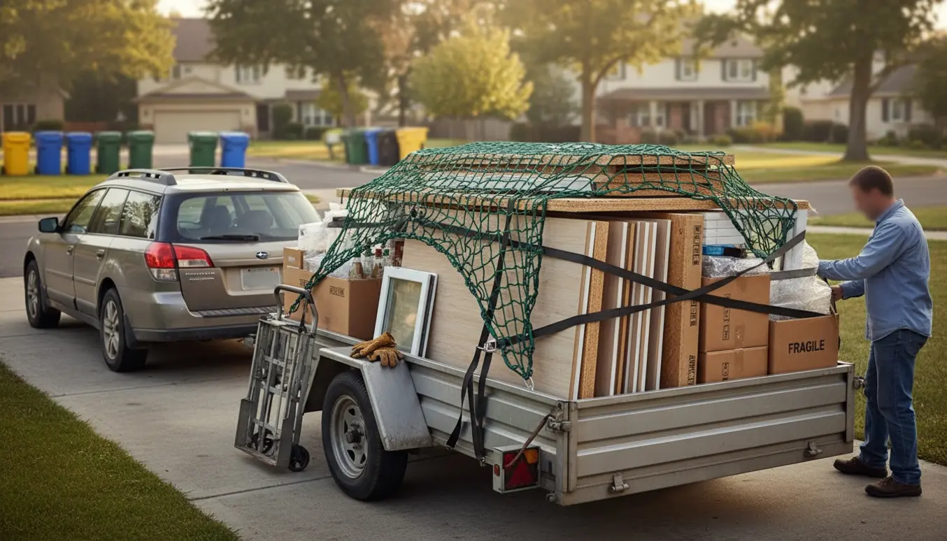 Bil med stor trailer fyldt med afmonteret laminatkøkken og forsvarligt emballerede papkasser med glas på vej til genbrugsplads.
