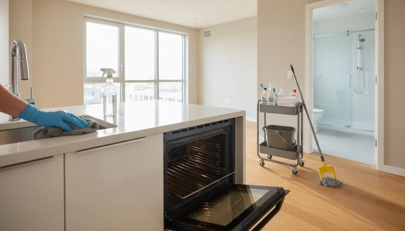 Næsten tom lejlighed under udflytningsrengøring med handskerens hænder, åben ren ovn og sollys gennem vinduet.